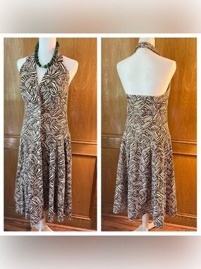 Sz 8P Madison Leigh Animal Print Ivory & Brown Halter Dress